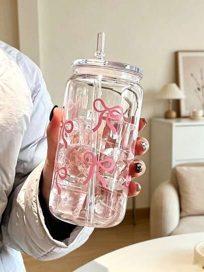 Pink Bow Glass Tumbler with Lid & Straw – 500ml Cute Aesthetic Drinking Cup