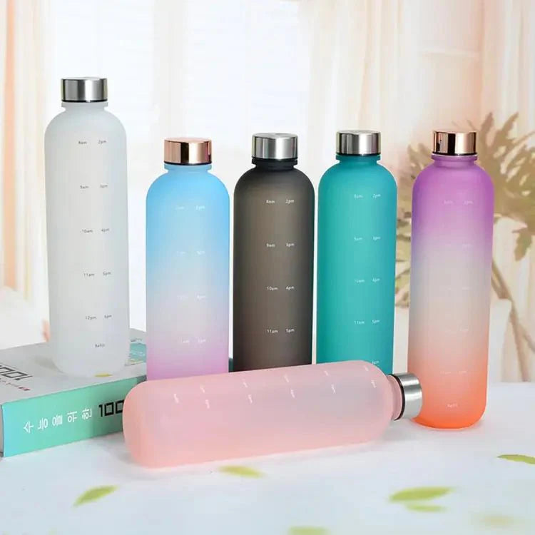 1L Frosted Motivational Water Bottle with Time Marker – Leakproof Gradient Fitness Sports Bottle