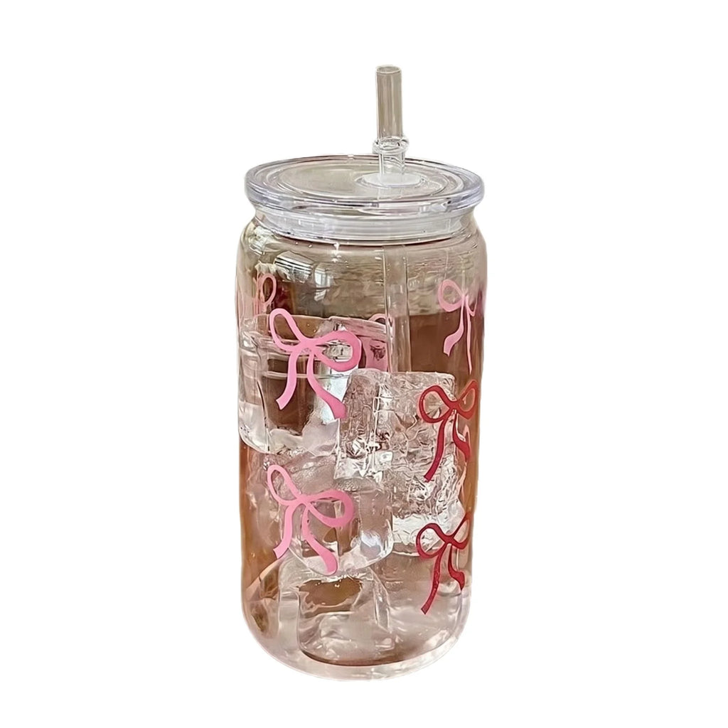 Pink Bow Glass Tumbler with Lid & Straw – 500ml Cute Aesthetic Drinking Cup