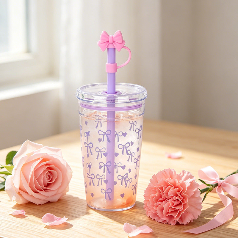 Coquette Ribbon Straw Tumbler with Bow Straw Topper – Reusable Plastic Water Cup with Lid & Straw