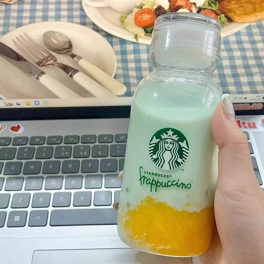 Starbucks 300ml Clear Glass Water Bottle, Minimalist Frappuccino Print, Leakproof Cap, Portable for Daily Use starbucks cup