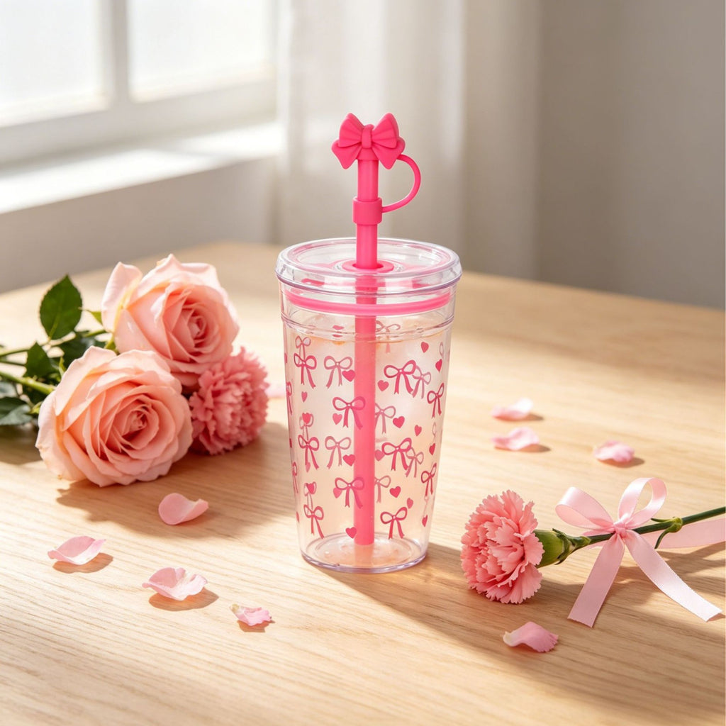 Coquette Ribbon Straw Tumbler with Bow Straw Topper – Reusable Plastic Water Cup with Lid & Straw