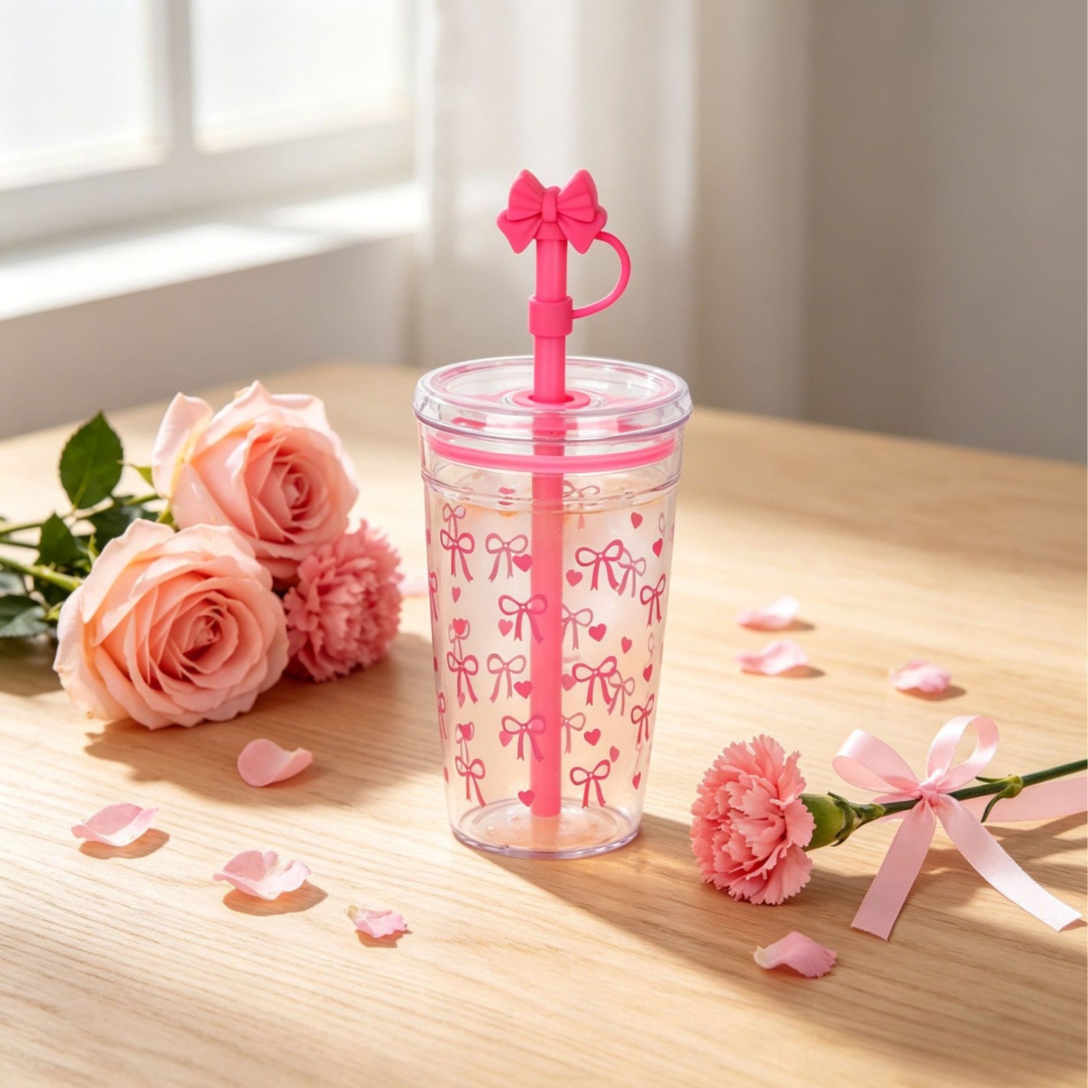 Coquette Ribbon Straw Tumbler with Bow Straw Topper – Reusable Plastic Water Cup with Lid & Straw