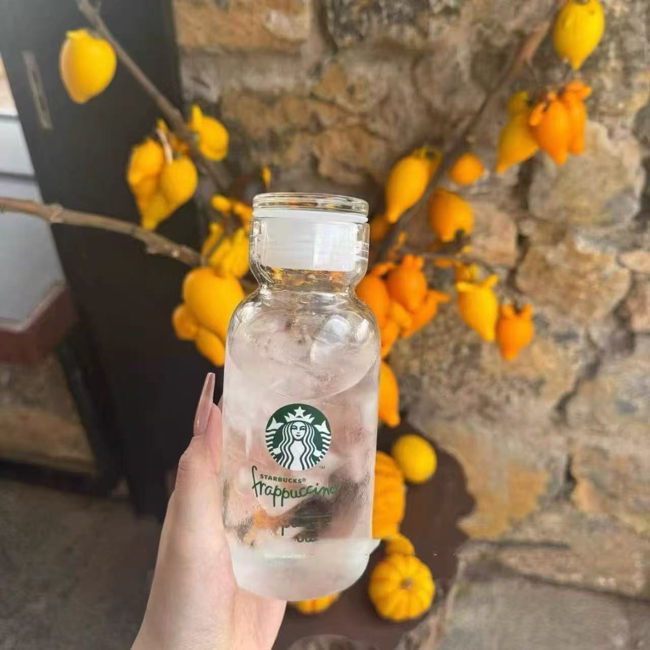 Starbucks 300ml Clear Glass Water Bottle, Minimalist Frappuccino Print, Leakproof Cap, Portable for Daily Use starbucks cup
