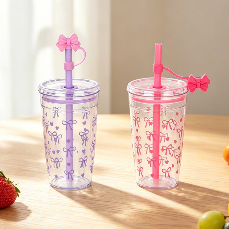 Coquette Ribbon Straw Tumbler with Bow Straw Topper – Reusable Plastic Water Cup with Lid & Straw