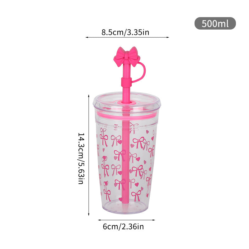 Coquette Ribbon Straw Tumbler with Bow Straw Topper – Reusable Plastic Water Cup with Lid & Straw