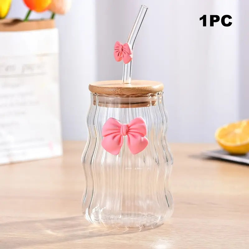Pink Bow Ribbed Glass Cup with Bamboo Lid & Glass Straw