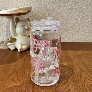 Pink Bow Glass Tumbler with Lid & Straw – 500ml Cute Aesthetic Drinking Cup