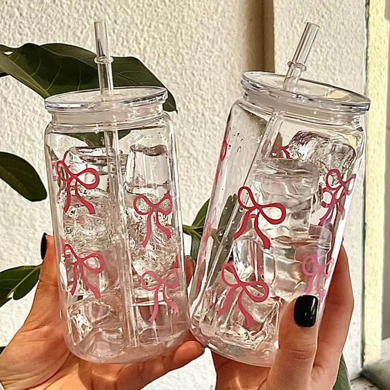 Pink Bow Glass Tumbler with Lid & Straw – 500ml Cute Aesthetic Drinking Cup
