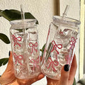 Pink Bow Glass Tumbler with Lid & Straw – 500ml Cute Aesthetic Drinking Cup